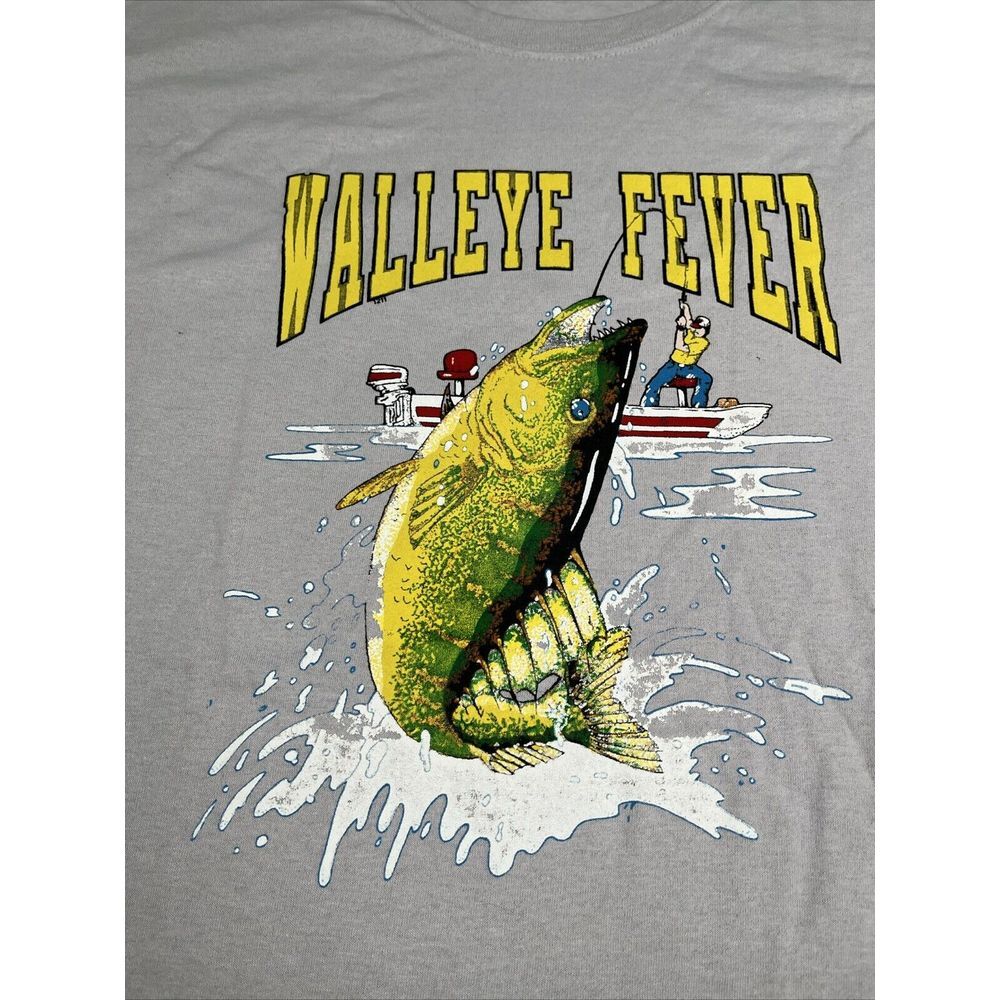 Vintage Transfer On Old New Stock Gray T-Shirt Walleye Fever Fishing‎ Size 2XL